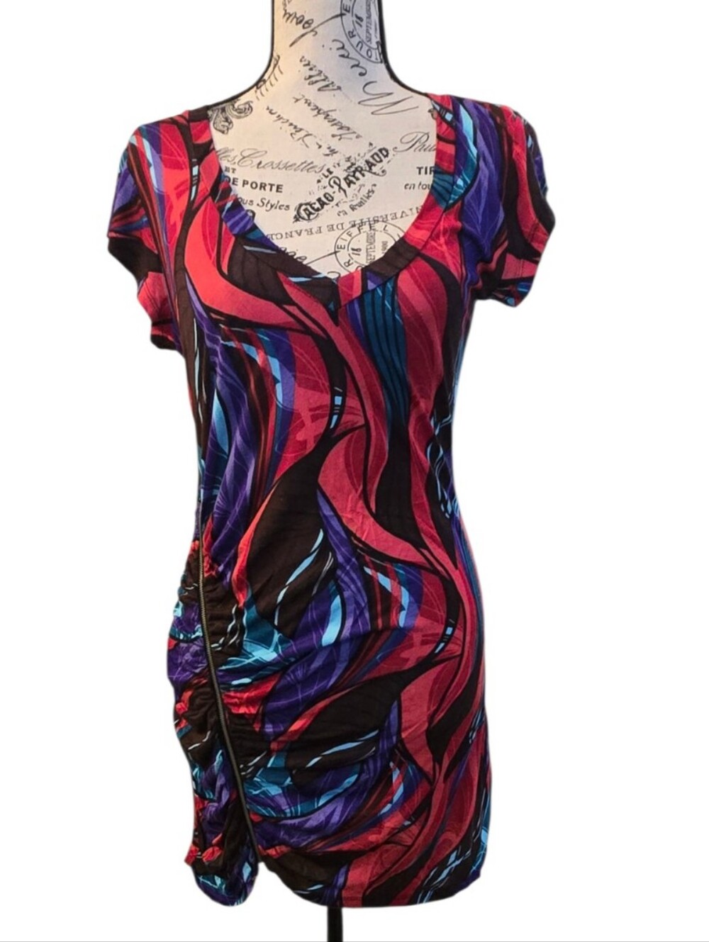 VINTAGE h.i.p. V-Neck Mini Dress in Pink, Purple, Blue & Black Decor Zipper Sz L